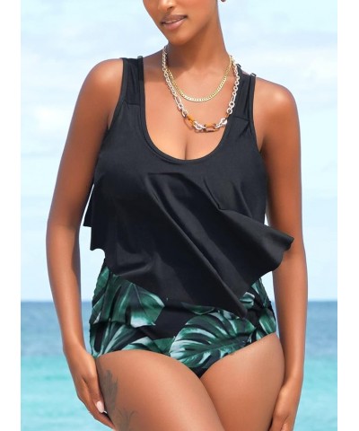 Women High Waisted Swimsuit Two Piece Ruffled Flounce Top with Ruched Bottom (Available in Plus Size) 02black Leaf $23.51 Swi...