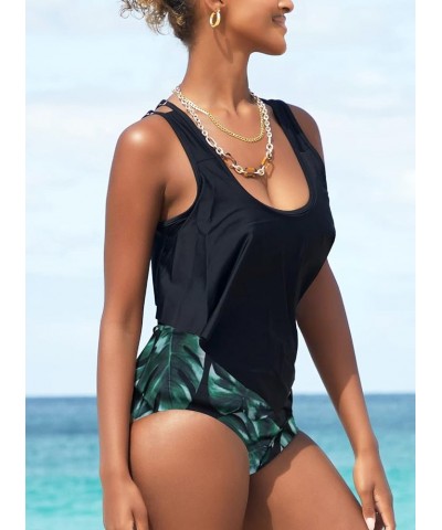 Women High Waisted Swimsuit Two Piece Ruffled Flounce Top with Ruched Bottom (Available in Plus Size) 02black Leaf $23.51 Swi...