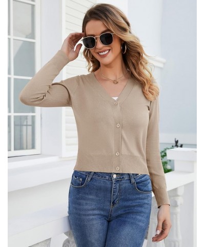 Women's Long Sleeve Lightweight Cardigan Sweater Button Down Knit Jackets V Neck Open Front Cardigans for Dresses Crop-khaki ...