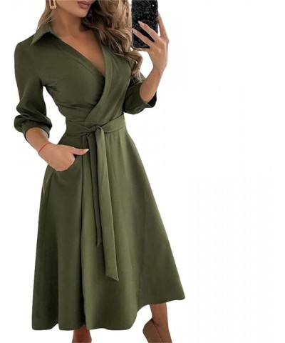 Shirt Dress for Women Lapel V Neck Wrap Button Down Long Sleeve Midi Dress Knee-Length Elegant Work Belted Party Dress Army G...