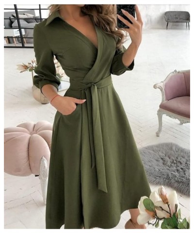 Shirt Dress for Women Lapel V Neck Wrap Button Down Long Sleeve Midi Dress Knee-Length Elegant Work Belted Party Dress Army G...