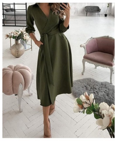 Shirt Dress for Women Lapel V Neck Wrap Button Down Long Sleeve Midi Dress Knee-Length Elegant Work Belted Party Dress Army G...