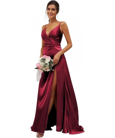 Women's V-Neck Bridesmaid Dresses Long with Slit Satin Pleated Mermaid Formal Dress for Juniors CYM133 Wine Red $35.74 Dresses