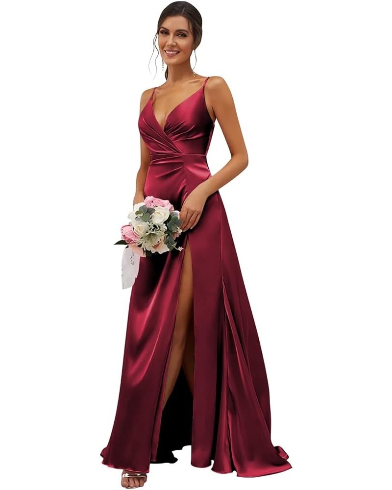 Women's V-Neck Bridesmaid Dresses Long with Slit Satin Pleated Mermaid Formal Dress for Juniors CYM133 Wine Red $35.74 Dresses