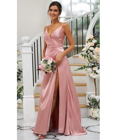 Women's V-Neck Bridesmaid Dresses Long with Slit Satin Pleated Mermaid Formal Dress for Juniors CYM133 Wine Red $35.74 Dresses