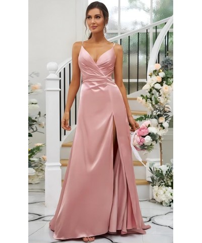 Women's V-Neck Bridesmaid Dresses Long with Slit Satin Pleated Mermaid Formal Dress for Juniors CYM133 Wine Red $35.74 Dresses