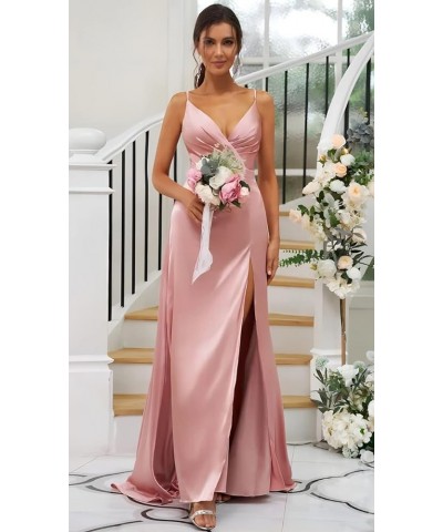 Women's V-Neck Bridesmaid Dresses Long with Slit Satin Pleated Mermaid Formal Dress for Juniors CYM133 Wine Red $35.74 Dresses