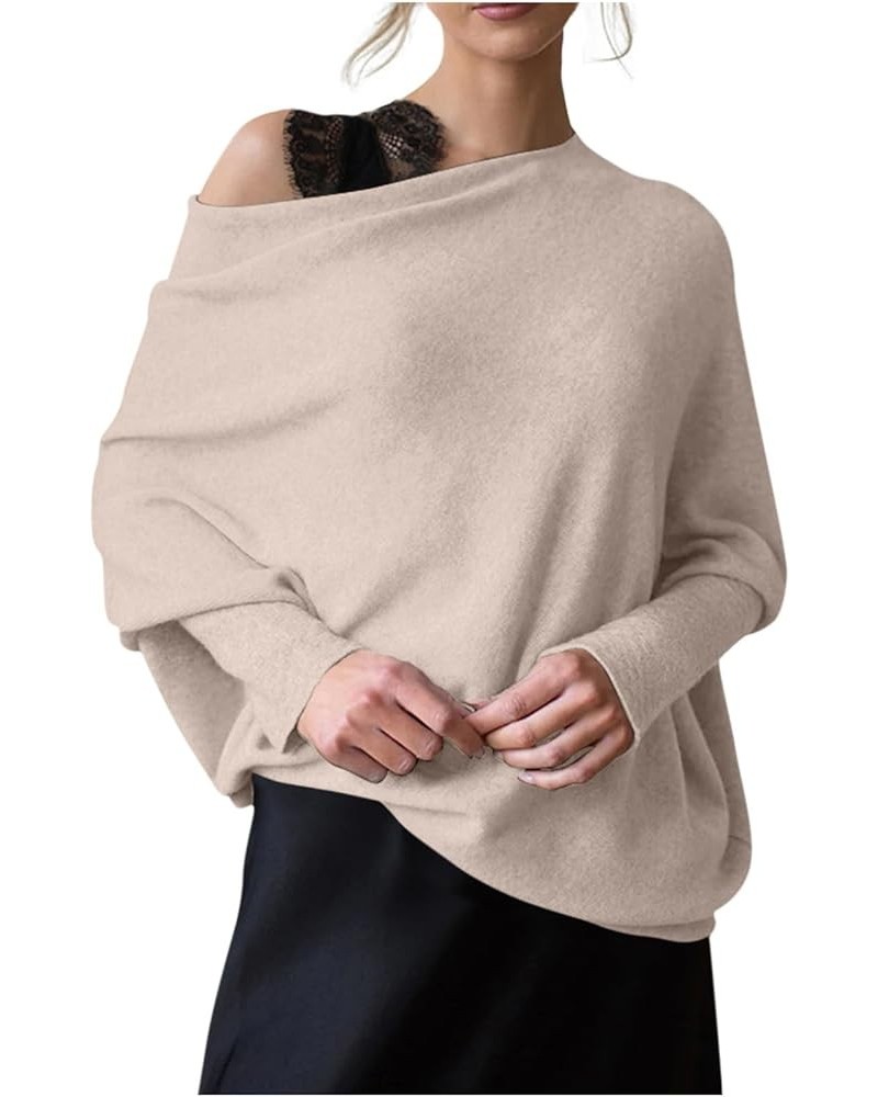 Womens Sweaters Fall 2023 Winter Off The Shoulder Fitted Top Batwing Round Neck Sweater Knit Casual Tunic Pullover D51-beige ...