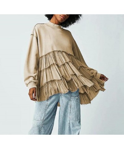 Women Long Sleeve Peplum Shirts Asymmetrical Ruffle Hem Babydoll Top Loose Fit Flowy Sweatshirts Exposed Seam Khaki $15.29 Ho...