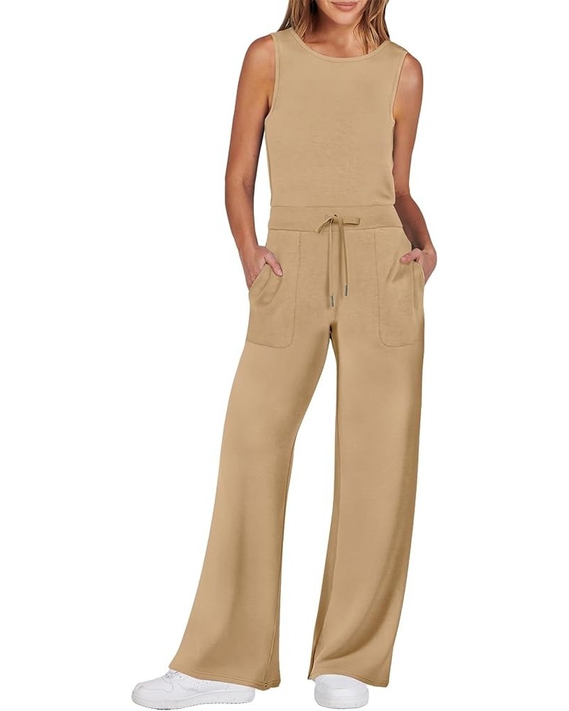 Jumpsuits for Women 2024 Casual Summer Dressy Romper Sleeveless Wide Leg Long Pants Outfits Jumper Khaki $20.89 Jumpsuits