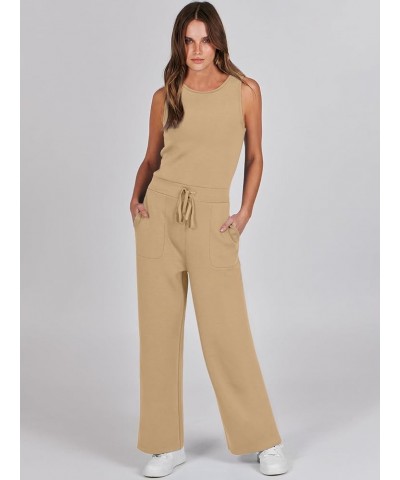 Jumpsuits for Women 2024 Casual Summer Dressy Romper Sleeveless Wide Leg Long Pants Outfits Jumper Khaki $20.89 Jumpsuits