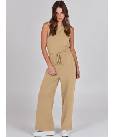 Jumpsuits for Women 2024 Casual Summer Dressy Romper Sleeveless Wide Leg Long Pants Outfits Jumper Khaki $20.89 Jumpsuits