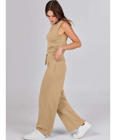 Jumpsuits for Women 2024 Casual Summer Dressy Romper Sleeveless Wide Leg Long Pants Outfits Jumper Khaki $20.89 Jumpsuits