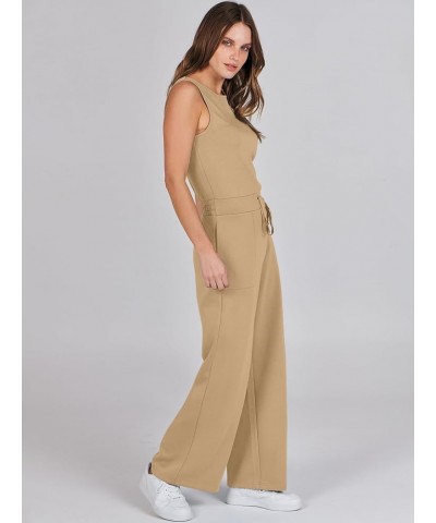 Jumpsuits for Women 2024 Casual Summer Dressy Romper Sleeveless Wide Leg Long Pants Outfits Jumper Khaki $20.89 Jumpsuits