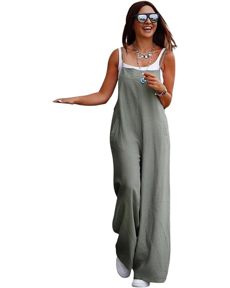 Women's Sleeveless Jumpsuit with Pockets - Summer Romper, White T-Shirt, Wide Legs, Adjustable Straps Green $19.36 Jumpsuits