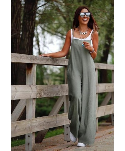 Women's Sleeveless Jumpsuit with Pockets - Summer Romper, White T-Shirt, Wide Legs, Adjustable Straps Green $19.36 Jumpsuits