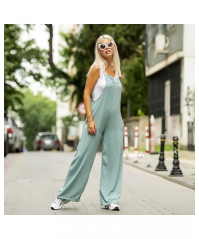 Women's Sleeveless Jumpsuit with Pockets - Summer Romper, White T-Shirt, Wide Legs, Adjustable Straps Green $19.36 Jumpsuits