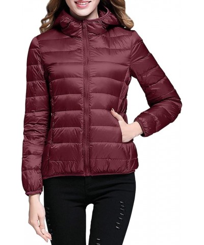 Puffer Jacket Womens with Hood, Packable Lightweight Quilted Hooded Parka Coat Zip Plus Size Warm Winter Coat Outwear A1-wine...