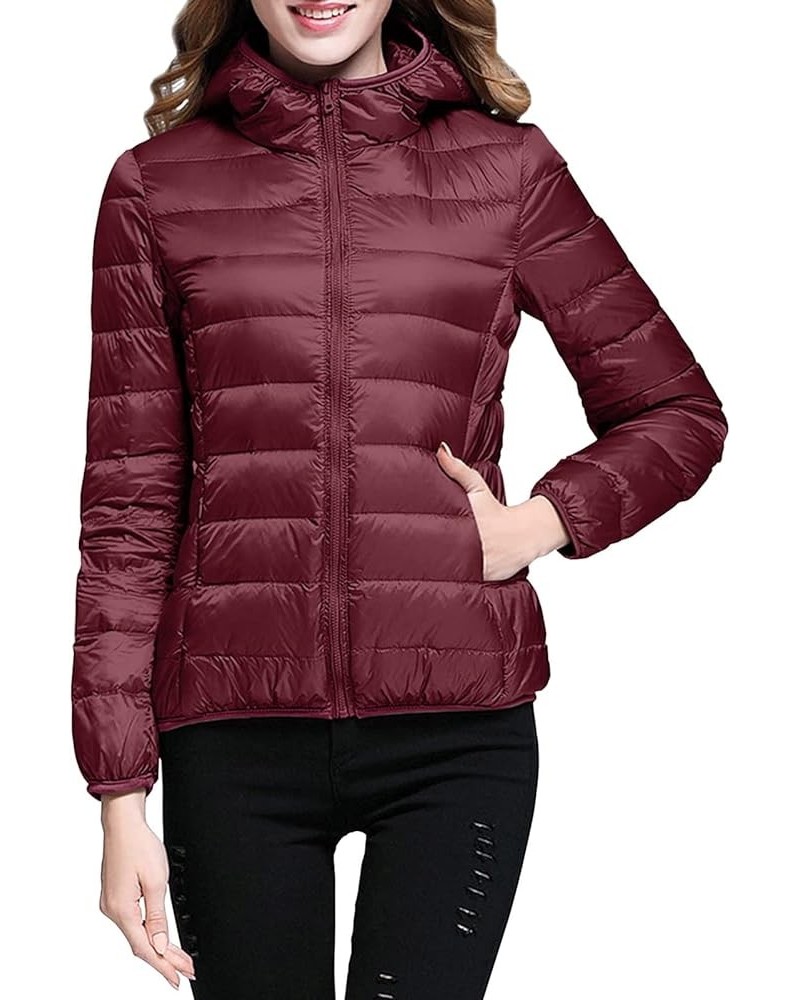 Puffer Jacket Womens with Hood, Packable Lightweight Quilted Hooded Parka Coat Zip Plus Size Warm Winter Coat Outwear A1-wine...