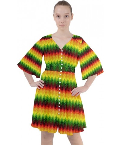 Womens Boho Button Up Dress Marijuana Cannabis Leaf Marihuana Rasta Dashiki V-Neck Flare Sleeve Mini Dress Yellow Orange Boho...