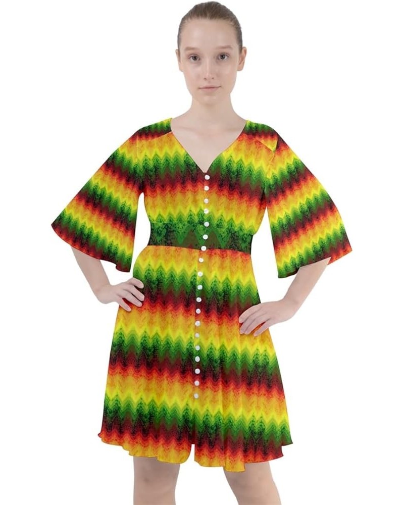 Womens Boho Button Up Dress Marijuana Cannabis Leaf Marihuana Rasta Dashiki V-Neck Flare Sleeve Mini Dress Yellow Orange Boho...