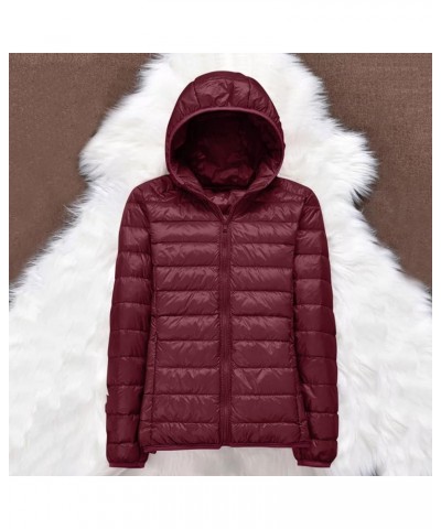 Puffer Jacket Womens with Hood, Packable Lightweight Quilted Hooded Parka Coat Zip Plus Size Warm Winter Coat Outwear A1-wine...