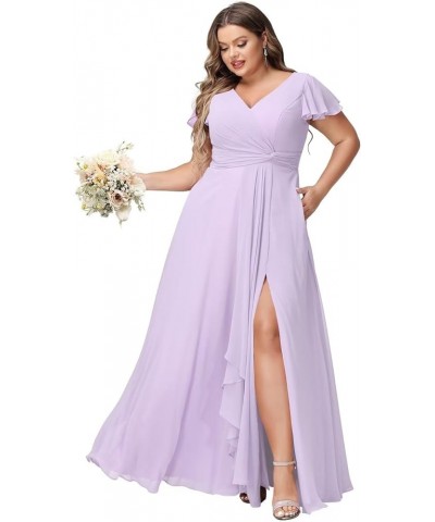 Women's Fultter Sleeves Bridesmaid Dresses Long with Slit Pleated Chiffon Formal Party Dresses with Pocket NA20 Lilac $33.14 ...