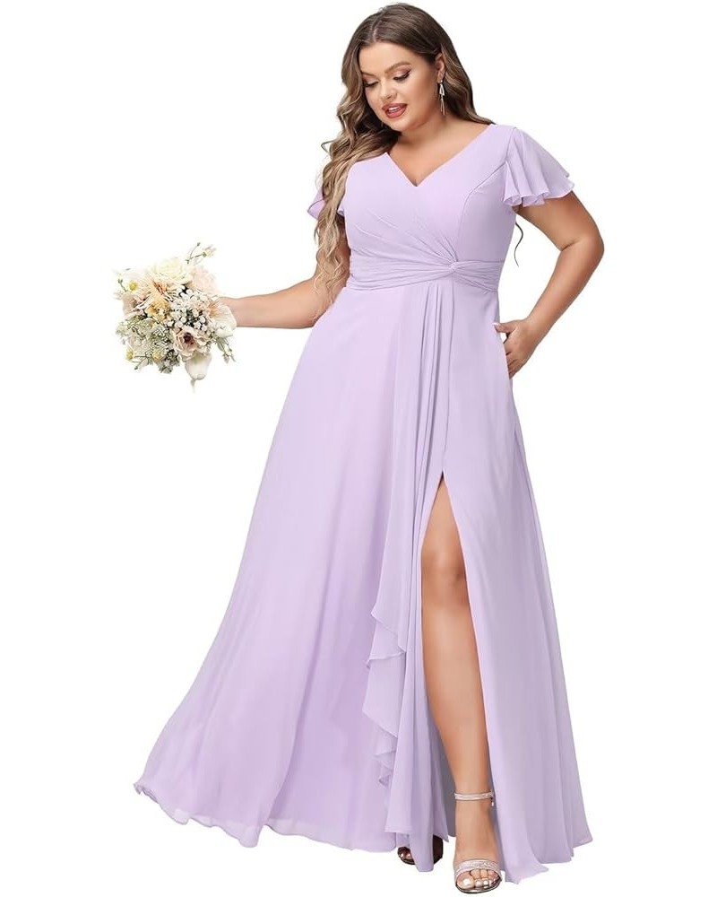 Women's Fultter Sleeves Bridesmaid Dresses Long with Slit Pleated Chiffon Formal Party Dresses with Pocket NA20 Lilac $33.14 ...