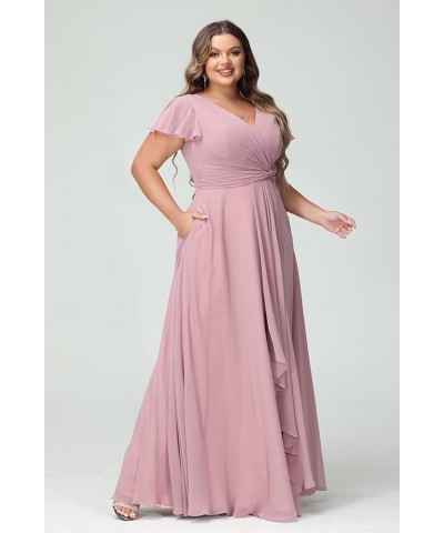 Women's Fultter Sleeves Bridesmaid Dresses Long with Slit Pleated Chiffon Formal Party Dresses with Pocket NA20 Lilac $33.14 ...