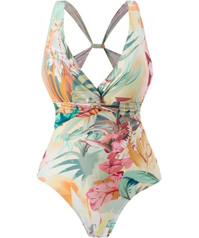 Women Floral Print Beach Swimsuit 2 Piece Tropical Bikini Monokini with Flowy Cover Ups Summer Holiday Bathing Suit Light Yel...