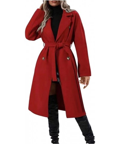 Women's Long Trench Coat Elegant Lapel Classic Double Breasted Overcoat 2023 Fashion Fall Winter Outwear With Belt Red $15.92...