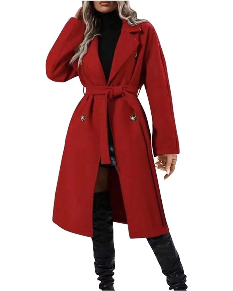 Women's Long Trench Coat Elegant Lapel Classic Double Breasted Overcoat 2023 Fashion Fall Winter Outwear With Belt Red $15.92...