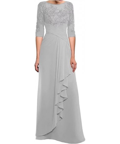 Women's Laces Appliques Mother of The Bride Dresses with Sleeves Long Chiffon Wedding Guest Dresses Silver $30.75 Dresses