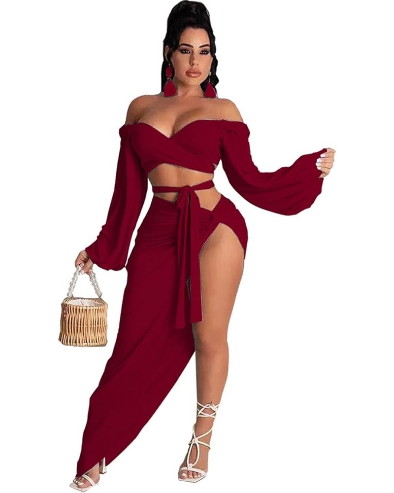 Strapless Dress for Women Summer Maxi Long Plus Size Beach Tie Front Top Elegant Split Solid Skirt Sets Jumpsuits Dark Red $1...