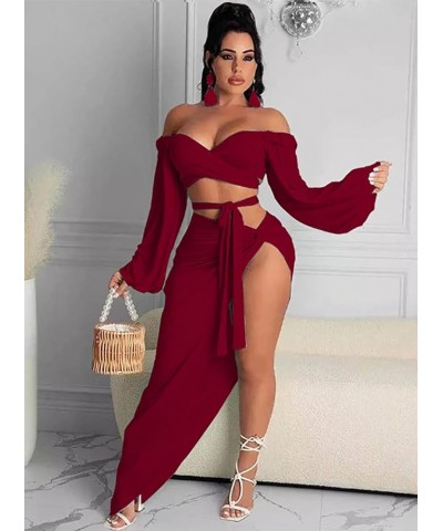 Strapless Dress for Women Summer Maxi Long Plus Size Beach Tie Front Top Elegant Split Solid Skirt Sets Jumpsuits Dark Red $1...