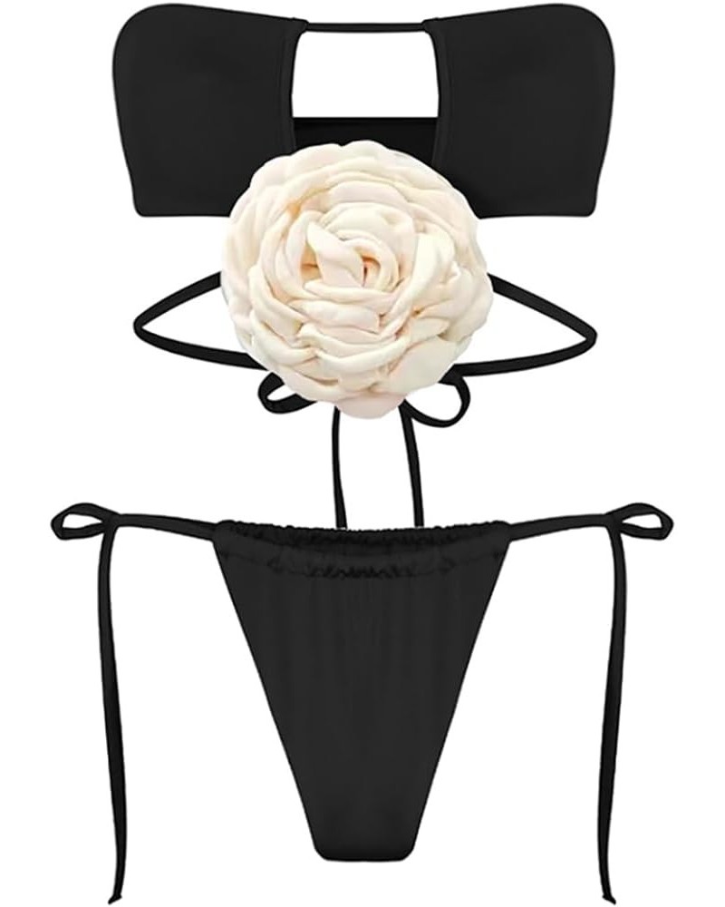 Women's Two Piece Bikini Set 3D Flower High Waist Sexy Bikini 2 Piece Bathing Suit Ld23229-black $26.95 Swimsuits