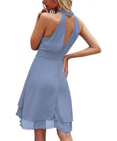 Women's Halter Sleeveless Pleated Layer Ruffle Hem Elegant Workwear Mini Dress Dusty Blue $20.68 Dresses