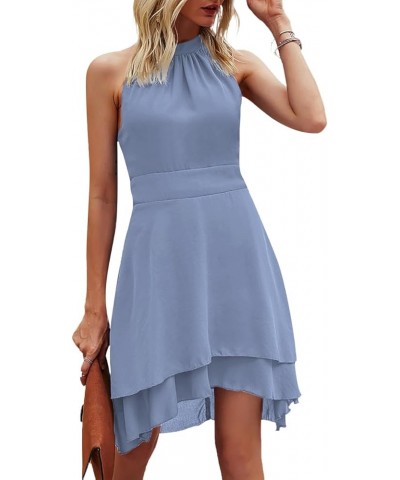 Women's Halter Sleeveless Pleated Layer Ruffle Hem Elegant Workwear Mini Dress Dusty Blue $20.68 Dresses