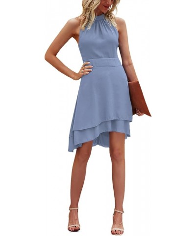 Women's Halter Sleeveless Pleated Layer Ruffle Hem Elegant Workwear Mini Dress Dusty Blue $20.68 Dresses