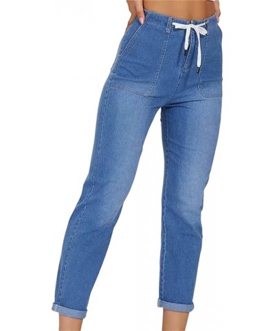 Jeans for Women Pull On Denim Pants Casual Elastic Waist Stretch Drawstring Pockets Straight Leg Joggers Sweatpants Light Blu...