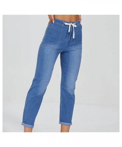 Jeans for Women Pull On Denim Pants Casual Elastic Waist Stretch Drawstring Pockets Straight Leg Joggers Sweatpants Light Blu...