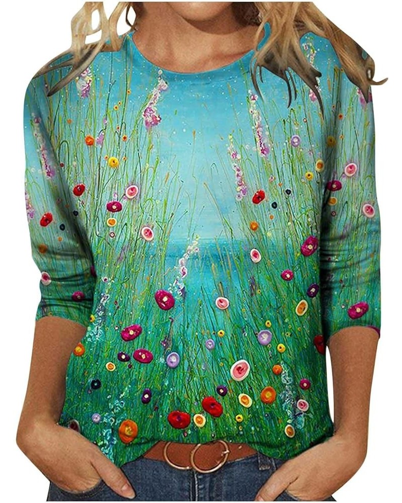 Womens Tops Dressy Casual 3/4 Sleeve Summer T Shirts Floral Print Crewneck Blouses Three Quarter Sleeve Work Tshirt 02 Green ...