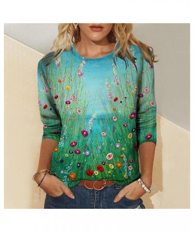 Womens Tops Dressy Casual 3/4 Sleeve Summer T Shirts Floral Print Crewneck Blouses Three Quarter Sleeve Work Tshirt 02 Green ...