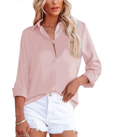 Womens Button Down Shirts V Neck Satin Casual Long/Short Sleeve Plain Blouses Office Work Tops with Pocket Pink $9.35 Blouses