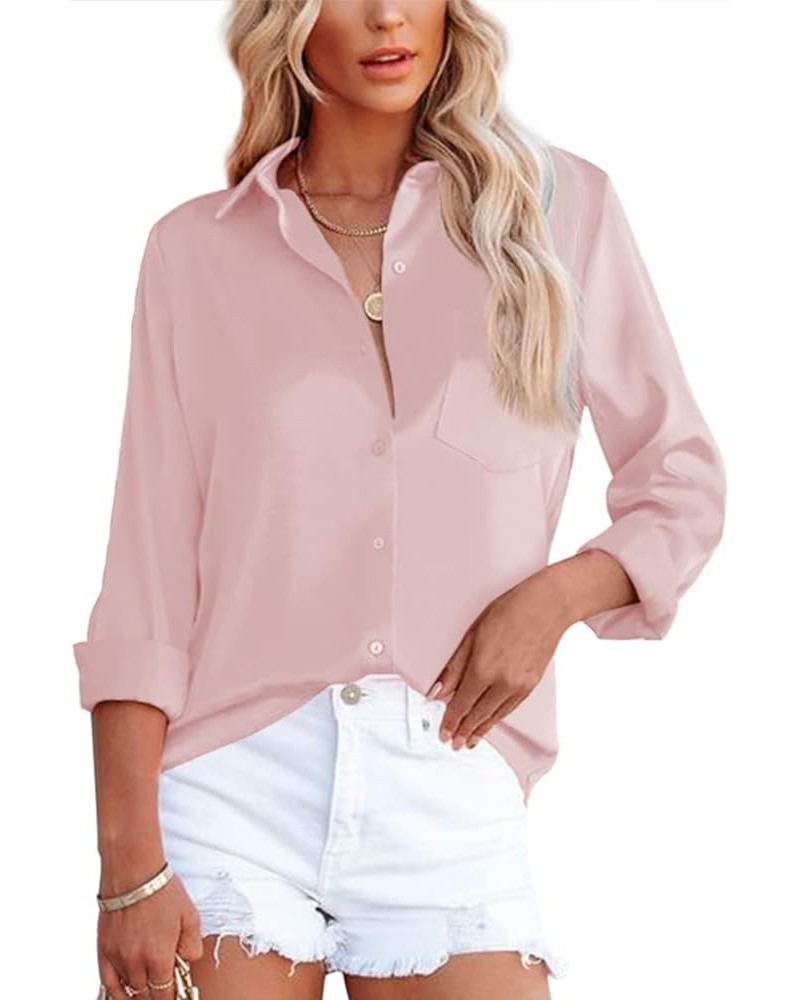 Womens Button Down Shirts V Neck Satin Casual Long/Short Sleeve Plain Blouses Office Work Tops with Pocket Pink $9.35 Blouses