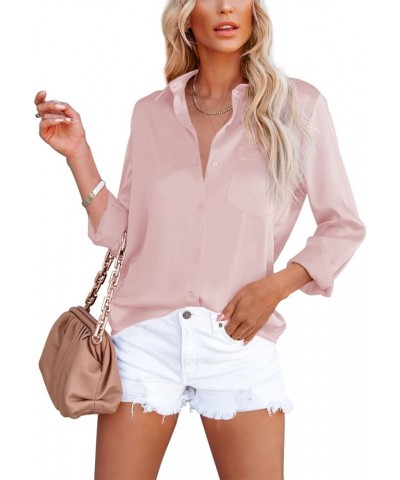 Womens Button Down Shirts V Neck Satin Casual Long/Short Sleeve Plain Blouses Office Work Tops with Pocket Pink $9.35 Blouses