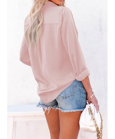 Womens Button Down Shirts V Neck Satin Casual Long/Short Sleeve Plain Blouses Office Work Tops with Pocket Pink $9.35 Blouses