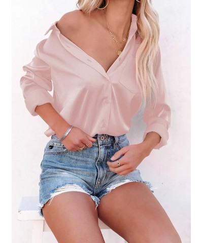 Womens Button Down Shirts V Neck Satin Casual Long/Short Sleeve Plain Blouses Office Work Tops with Pocket Pink $9.35 Blouses