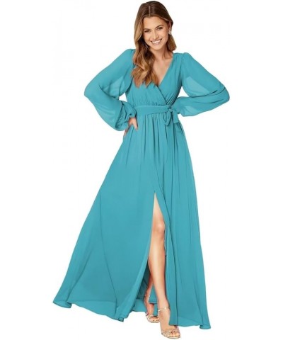 Long Sleeve Bridesmaid Dresses for Women Pleated Chiffon Slit Formal Evening Dresses with Pockets Aqua $29.06 Dresses