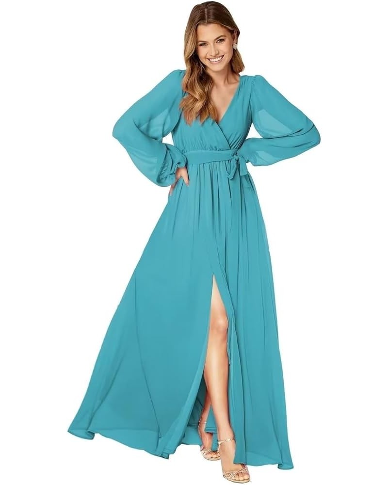 Long Sleeve Bridesmaid Dresses for Women Pleated Chiffon Slit Formal Evening Dresses with Pockets Aqua $29.06 Dresses